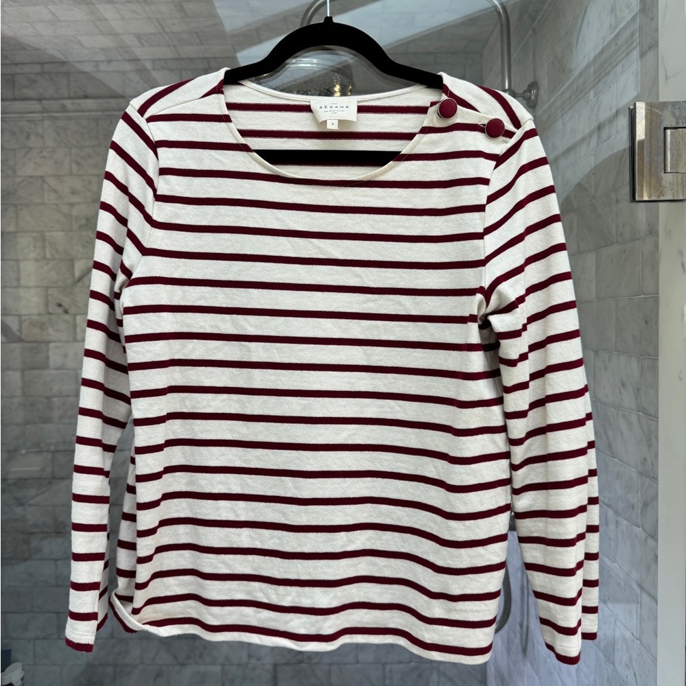 Sezane Collette Mariniere burgundy and White Striped Long Sleeve Shirt